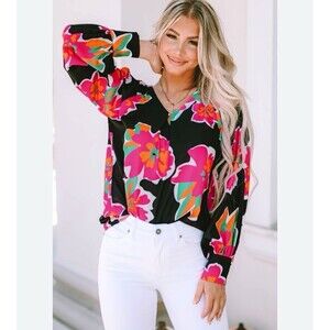 Azel Hazel Black Bright Pink Flower Print Puff Sleeve Blouse Medium